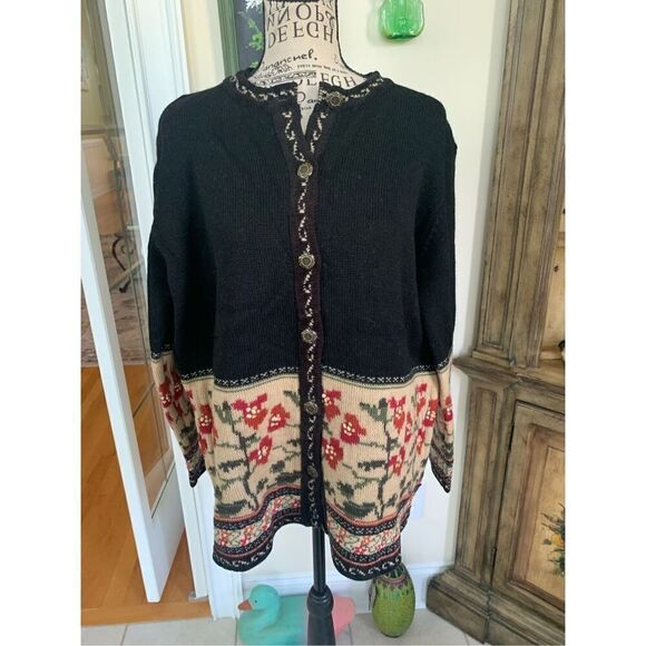 VTG Nordic Design Rare FLORAL Fair Isle Wool Cardigan Sweater - Picture 6 of 7